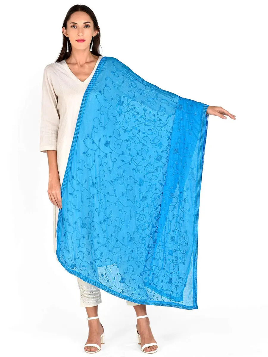 DUPATTA BAZAAR Turquoise Blue Embroidered Chiffon Dupatta 240cm (8ft) | Aari Work Ethnic Fashion - main product image