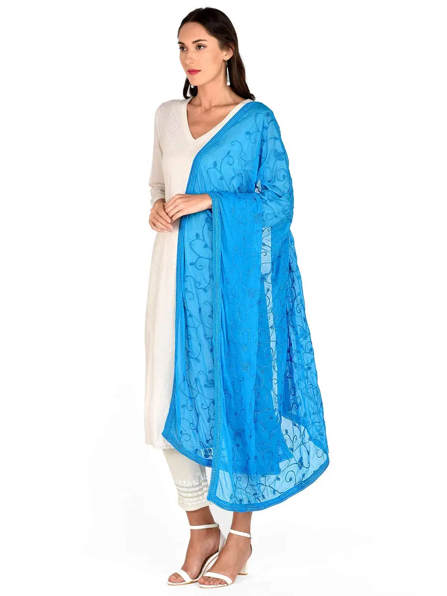 DUPATTA BAZAAR Turquoise Blue Embroidered Chiffon Dupatta 240cm (8ft) | Aari Work Ethnic Fashion - view 2