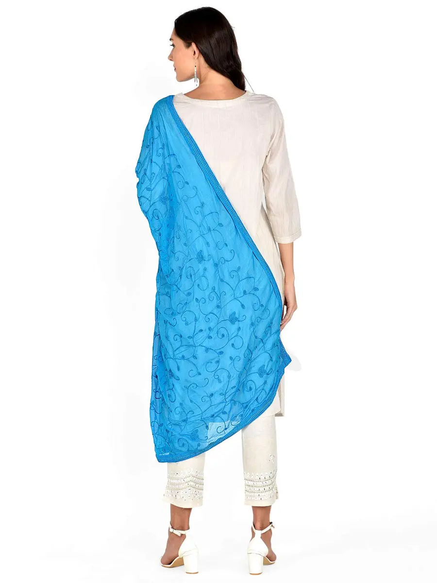 DUPATTA BAZAAR Turquoise Blue Embroidered Chiffon Dupatta 240cm (8ft) | Aari Work Ethnic Fashion - view 3