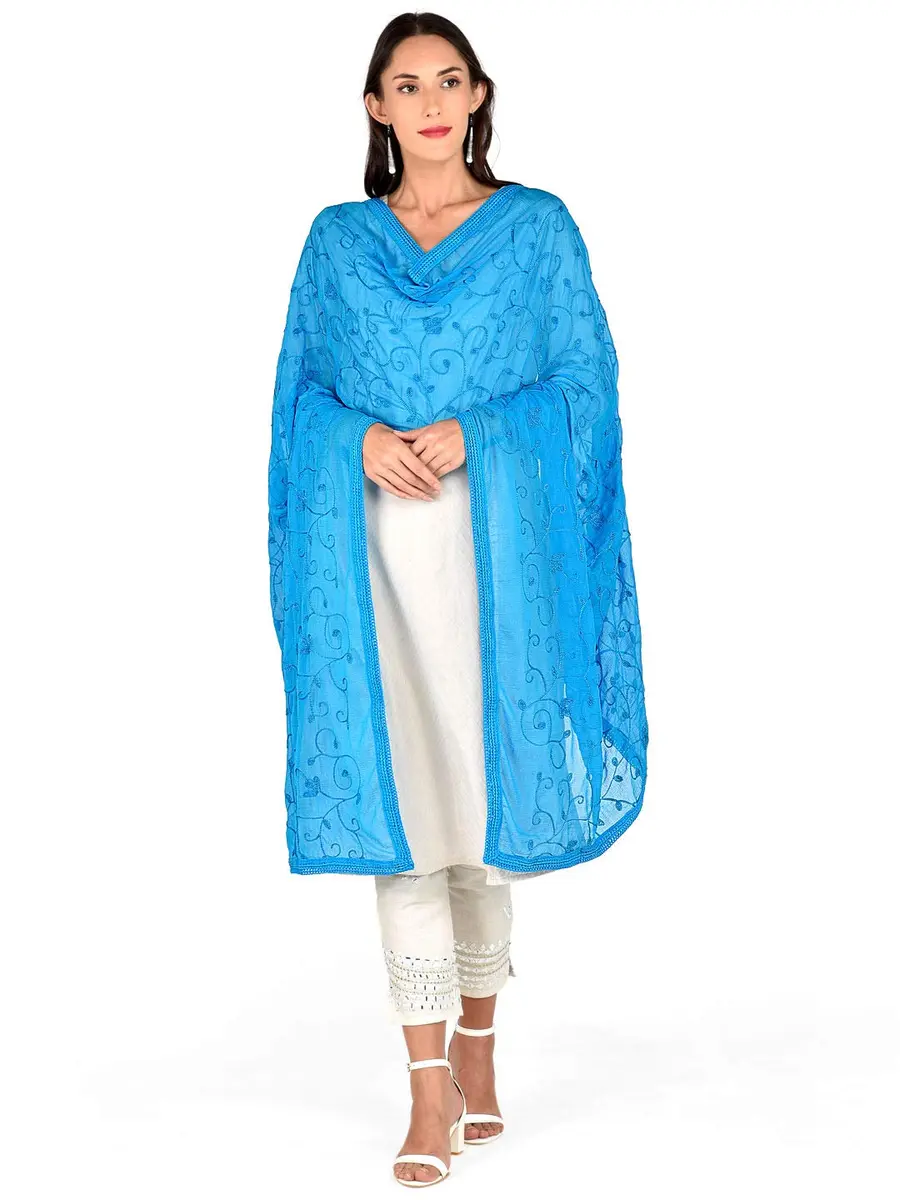 DUPATTA BAZAAR Turquoise Blue Embroidered Chiffon Dupatta 240cm (8ft) | Aari Work Ethnic Fashion - view 4
