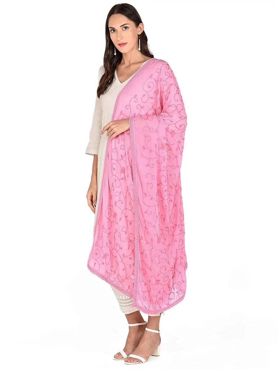 DUPATTA BAZAAR Embroidered Chiffon Dupatta 240cm (7.87ft) | Soft Regal Baby Pink - view 2