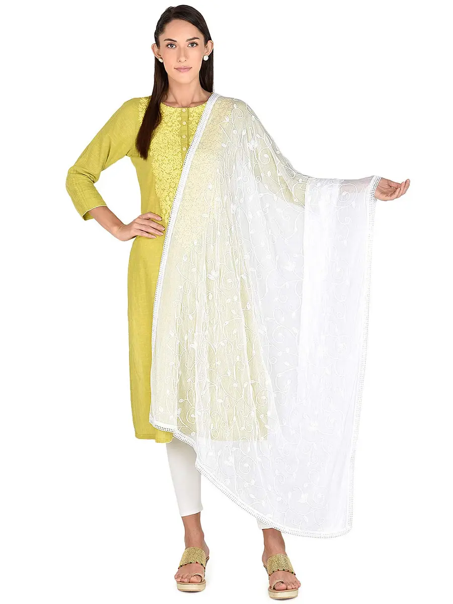 DUPATTA BAZAAR Women's White Embroidered Chiffon Dupatta 2.4m (8ft) | Aari Work Elegance for Indian Outfits - main product image