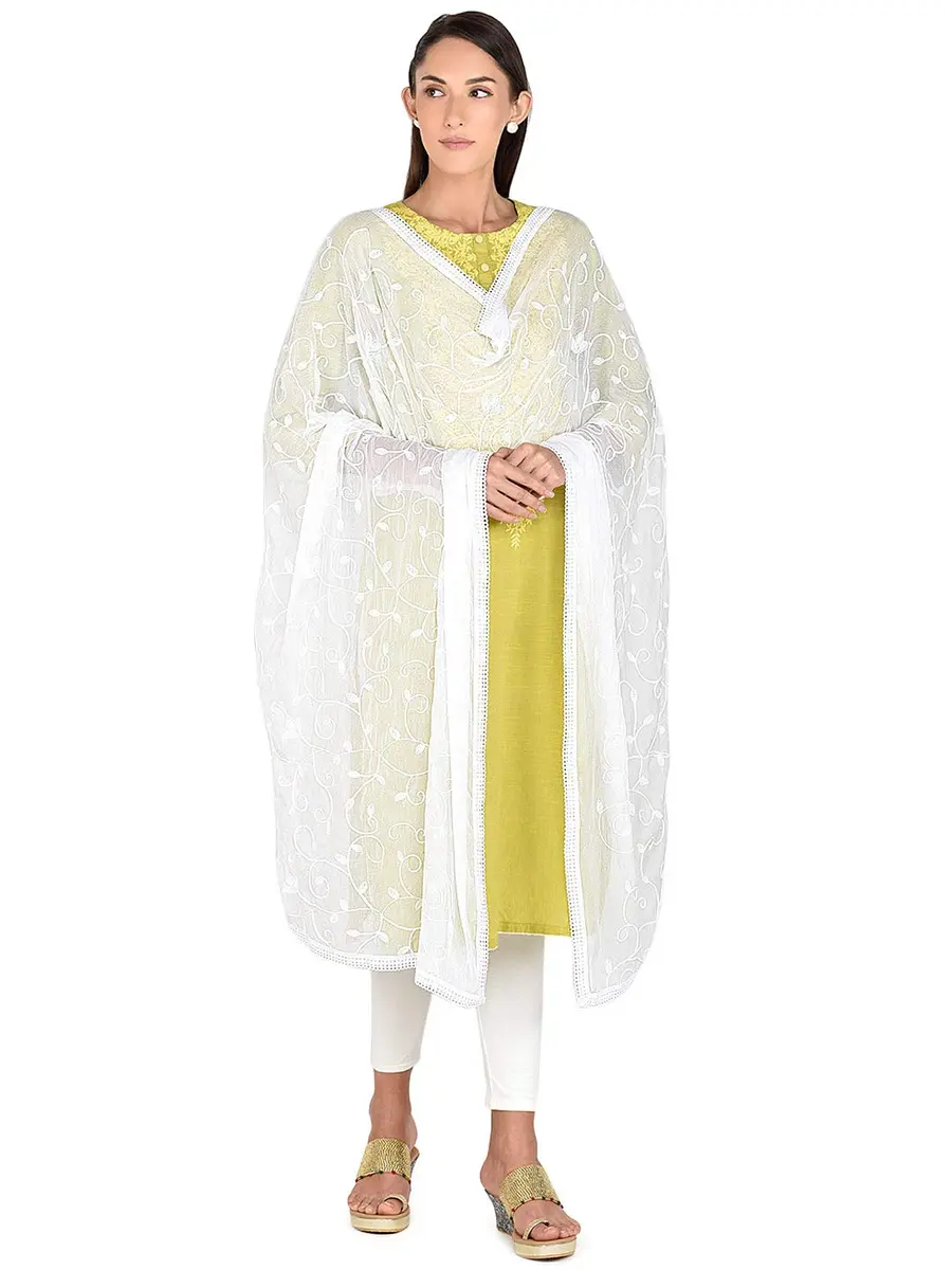 DUPATTA BAZAAR Women's White Embroidered Chiffon Dupatta 2.4m (8ft) | Aari Work Elegance for Indian Outfits - view 3