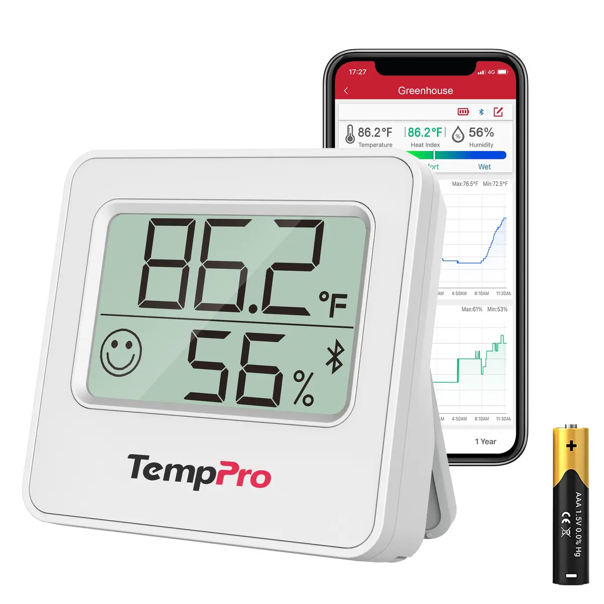 TempPro Bluetooth Digital Hygrometer Thermometer 260ft Range | Monitors Home Environment with Smart App Alerts - main product image