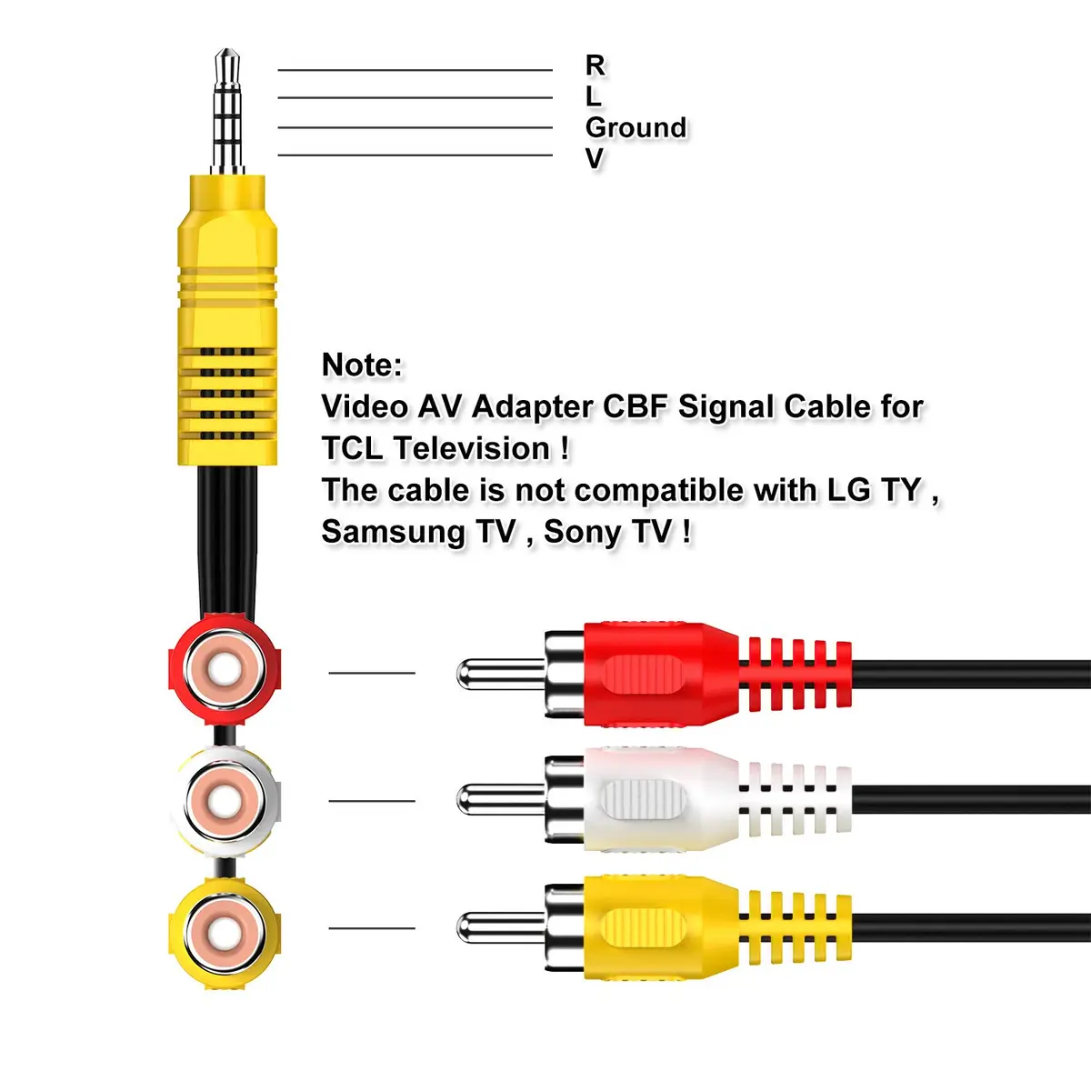 Adaptermvp 3.5mm to 3 RCA AV Cable 23cm (9in) for TCL TV Only | Composite Video & Stereo Audio Signal - view 5