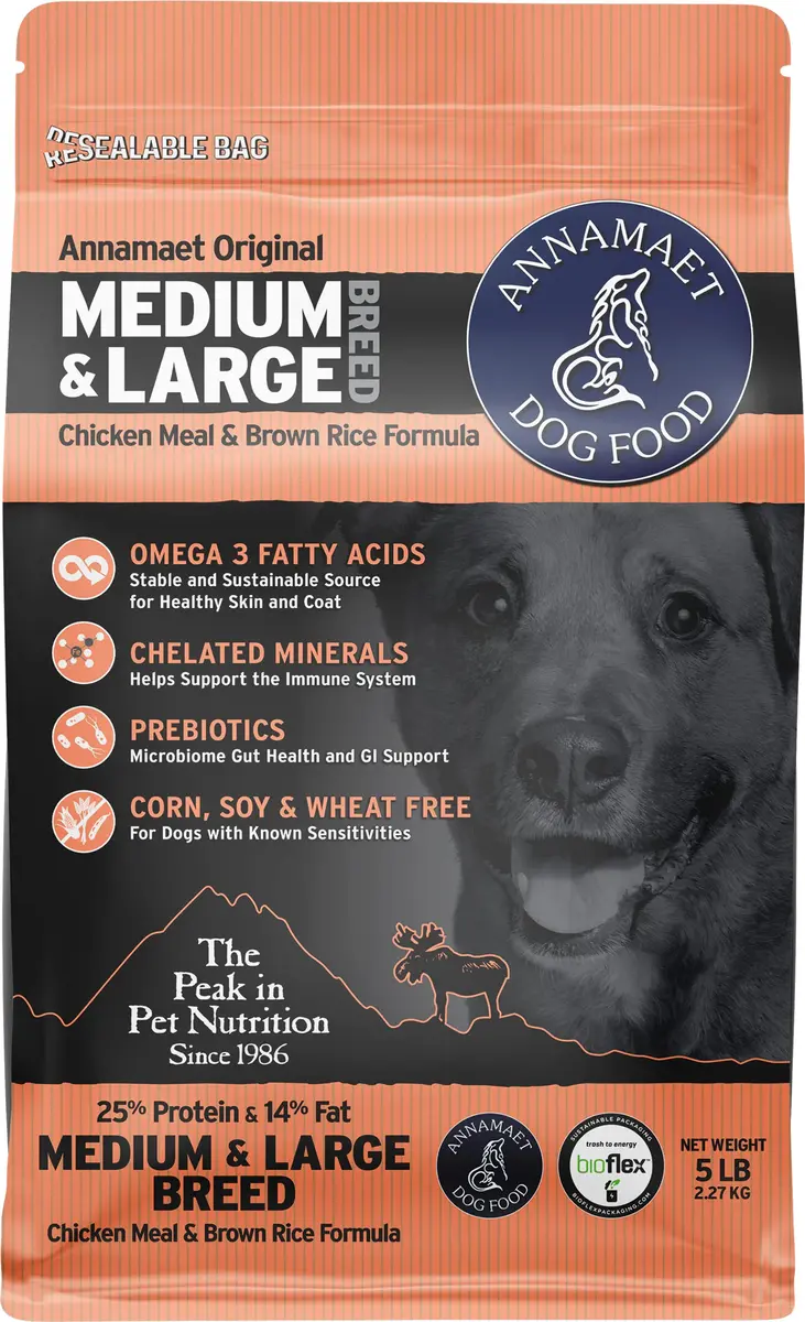 Annamaet Original Medium and Large Breed Formula Dry Dog Food 5 lb. Bag | 25% Protein with Chicken & Brown Rice - main product image