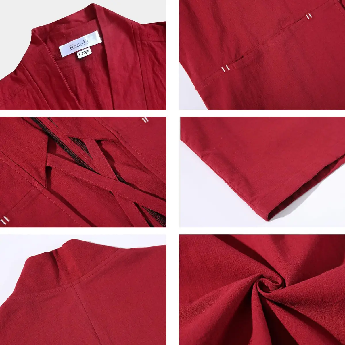 Haseil Men's Kimono Cardigan Japanese Jackets Casual Cotton 3/4 Sleeve | Lightweight Linen Outwear, Wine Red, M - view 6