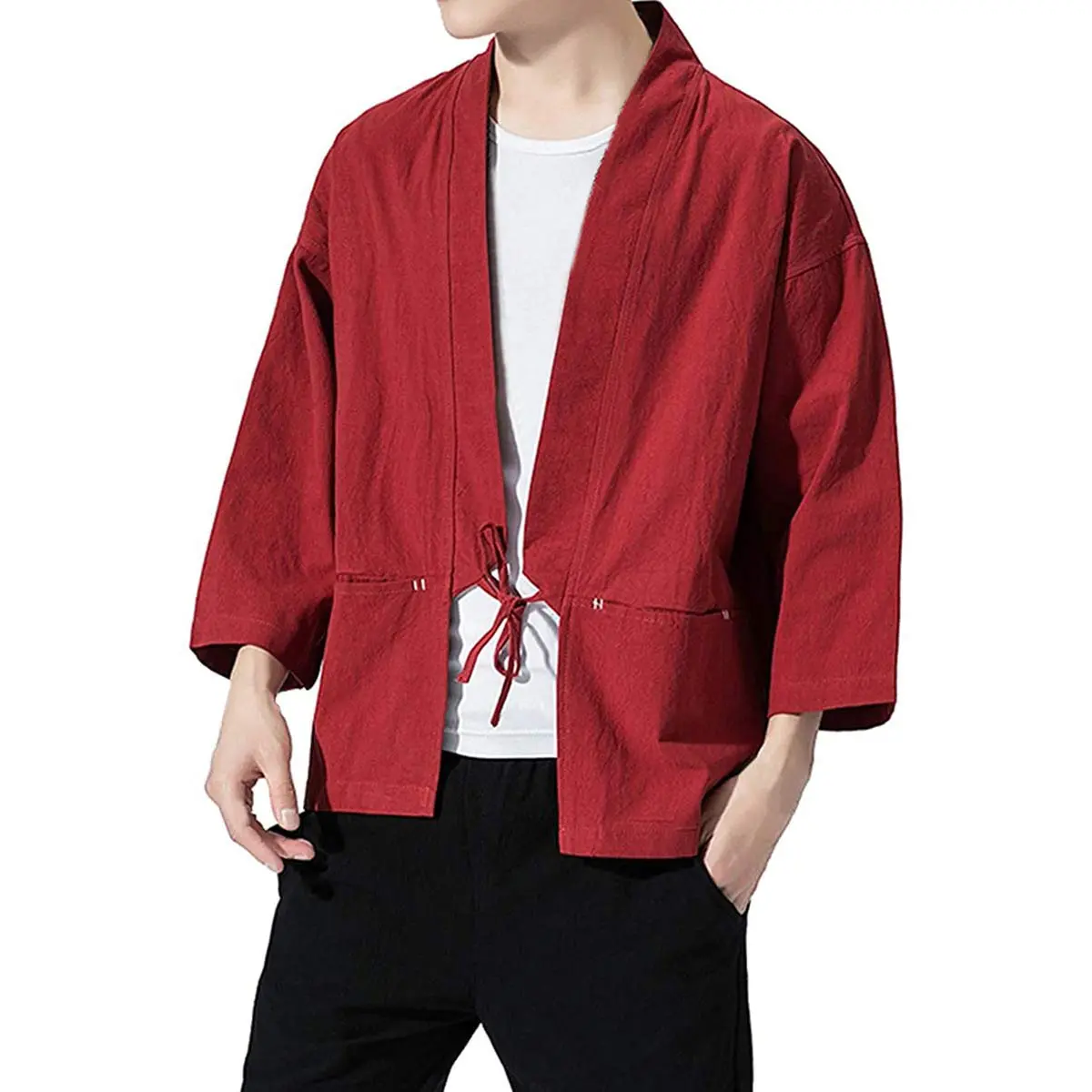 Haseil Men's Kimono Cardigan Japanese Jackets Casual Cotton 3/4 Sleeve | Lightweight Linen Outwear, Wine Red, M - view 8