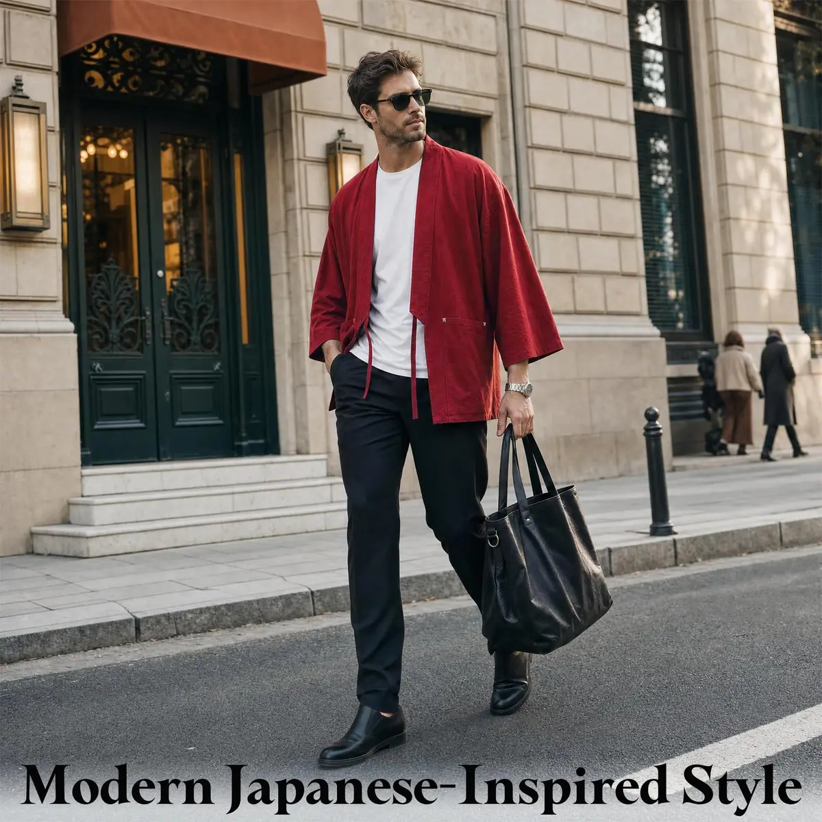 Haseil Men's Kimono Cardigan Japanese Jackets Casual Cotton 3/4 Sleeve | Lightweight Linen Outwear, Wine Red, M - view 3