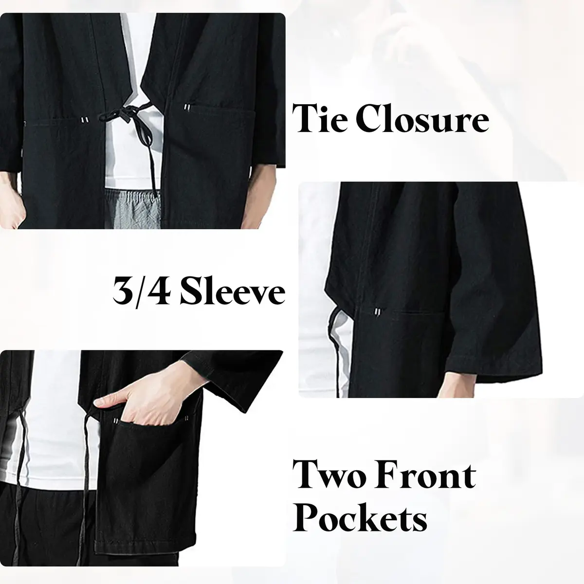 Haseil Men's Kimono Cardigan Japanese Jackets Casual Cotton 3/4 Sleeve Shirt Open Front Coat Lightweight Linen Outwear, Black, L | Traditional Japanese Style - view 4