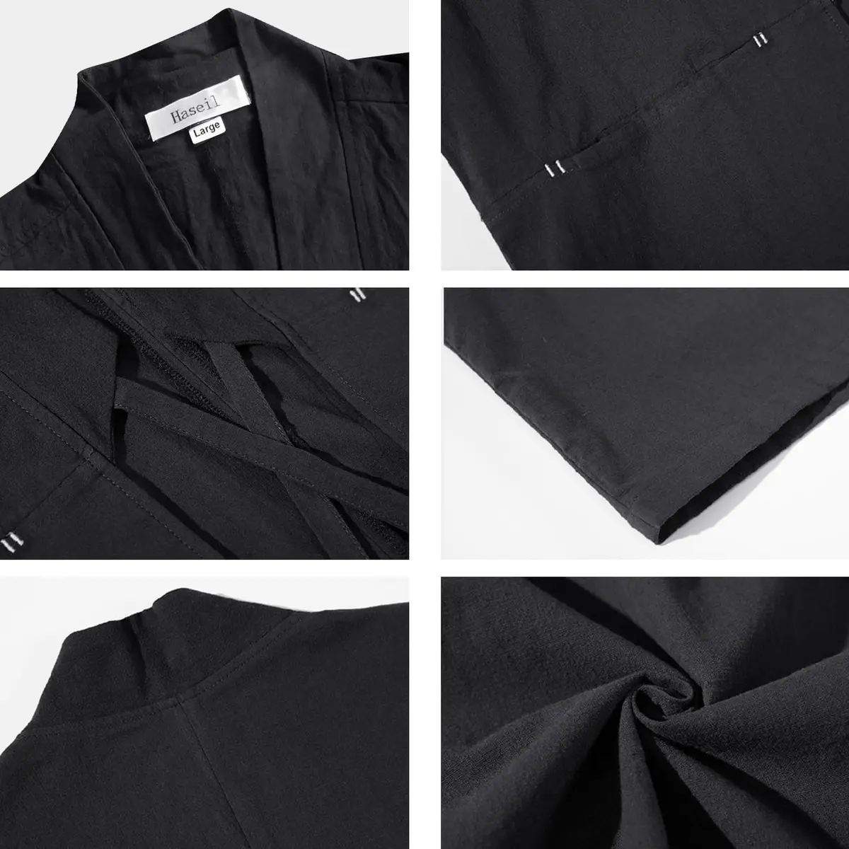 Haseil Men's Kimono Cardigan Japanese Jackets Casual Cotton 3/4 Sleeve Shirt Open Front Coat Lightweight Linen Outwear, Black, L | Traditional Japanese Style - view 6