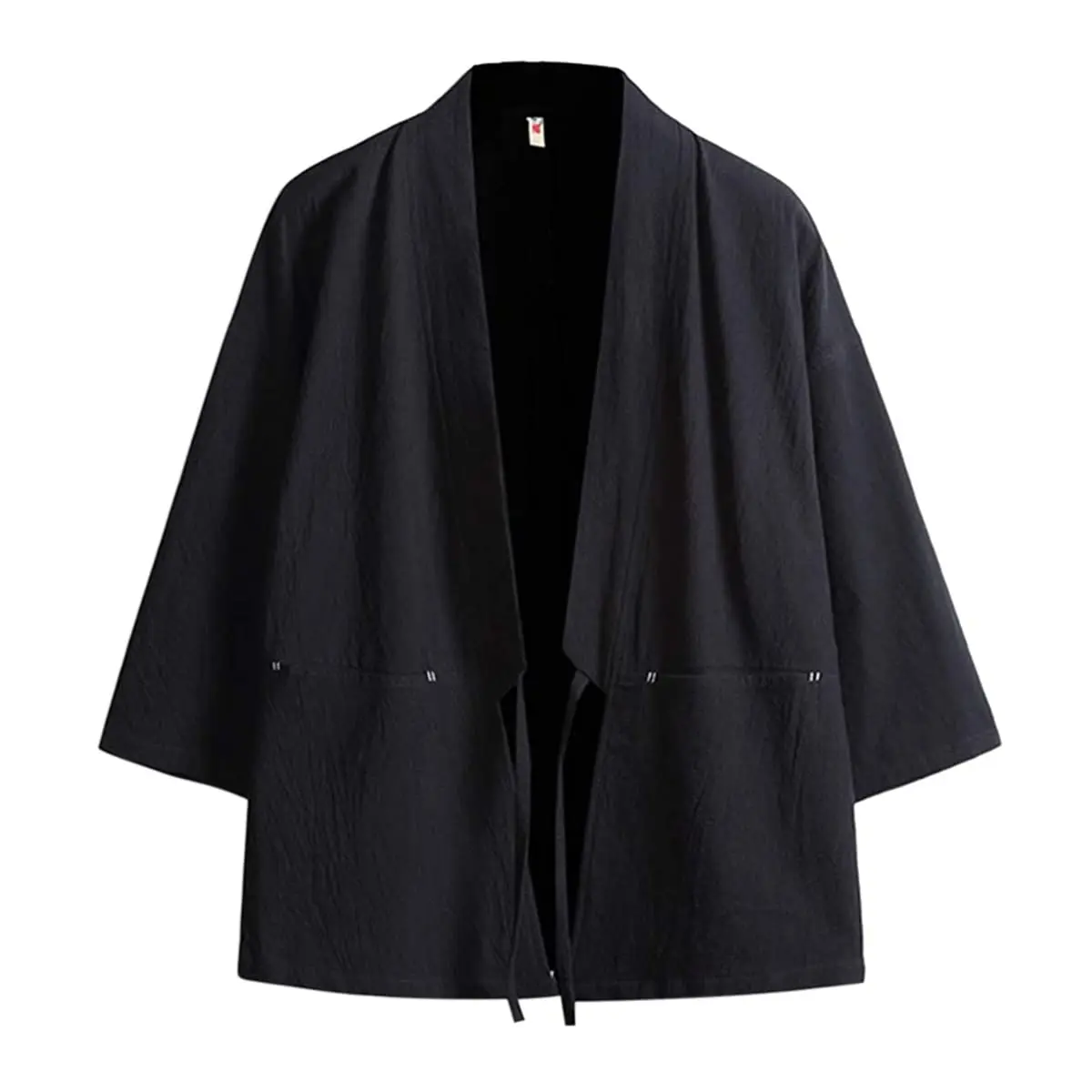 Haseil Men's Kimono Cardigan Japanese Jackets Casual Cotton 3/4 Sleeve Shirt Open Front Coat Lightweight Linen Outwear, Black, L | Traditional Japanese Style - main product image