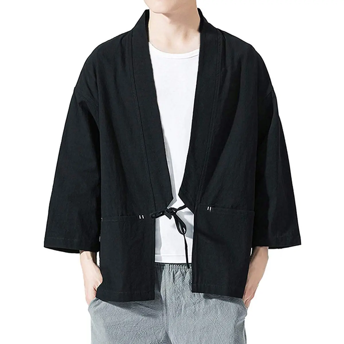 Haseil Men's Kimono Cardigan Japanese Jackets Casual Cotton 3/4 Sleeve Shirt Open Front Coat Lightweight Linen Outwear, Black, L | Traditional Japanese Style - view 8