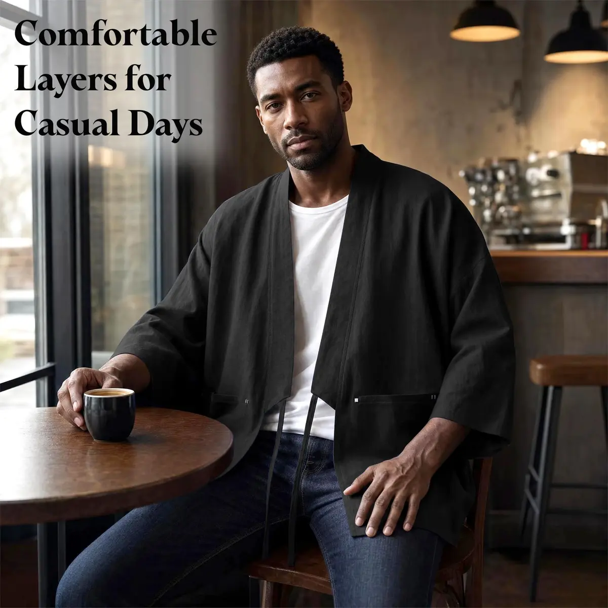 Haseil Men's Kimono Cardigan Japanese Jackets Casual Cotton 3/4 Sleeve Shirt Open Front Coat Lightweight Linen Outwear, Black, L | Traditional Japanese Style - view 2