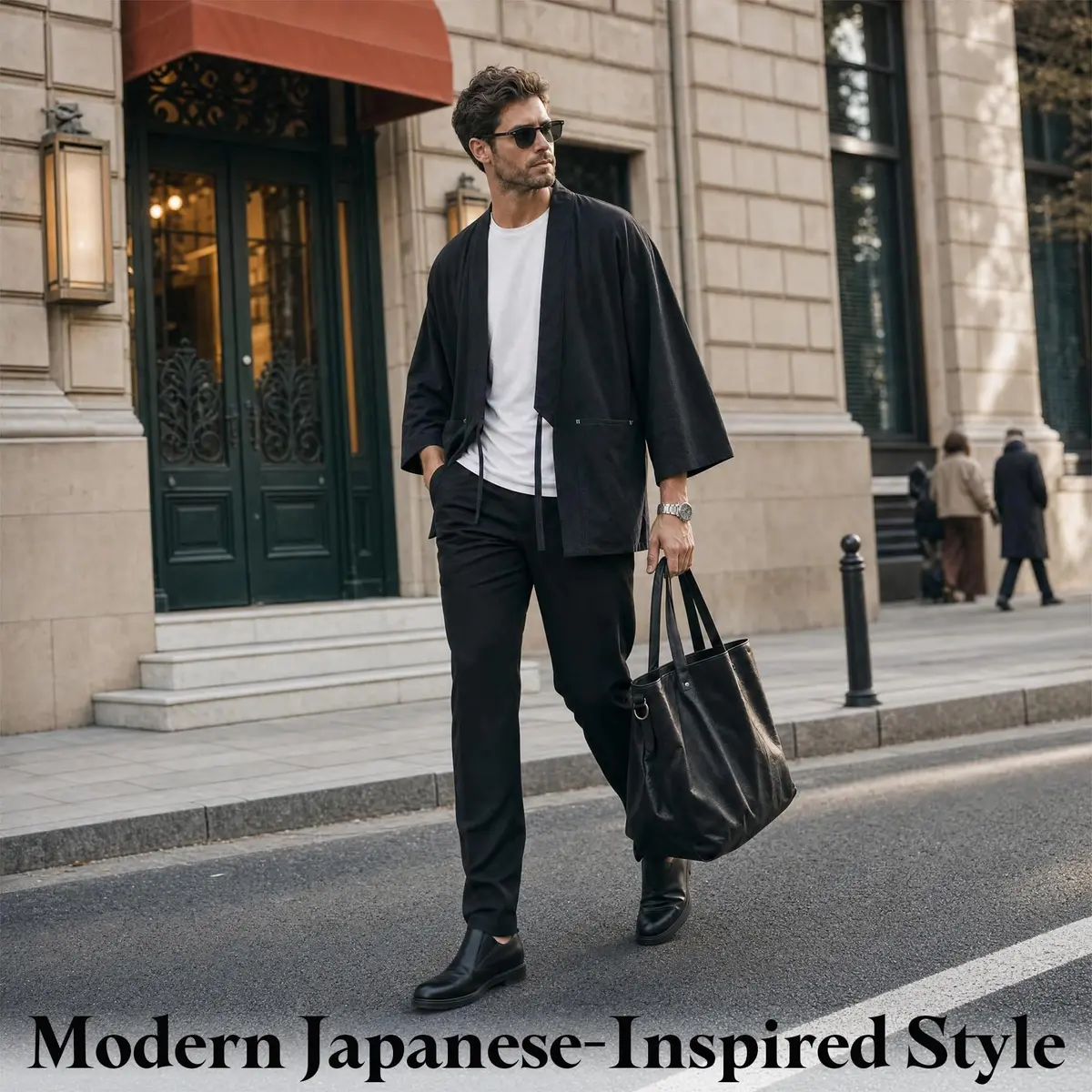 Haseil Men's Kimono Cardigan Japanese Jackets Casual Cotton 3/4 Sleeve Shirt Open Front Coat Lightweight Linen Outwear, Black, L | Traditional Japanese Style - view 3