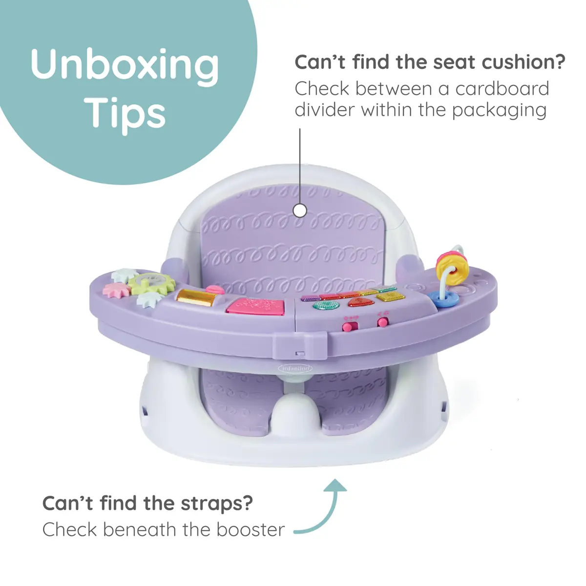 Infantino Music & Lights 3-in-1 Discovery Seat & Booster, Lavender | Converts from play to mealtime, supports 4 months to 4 years - view 5