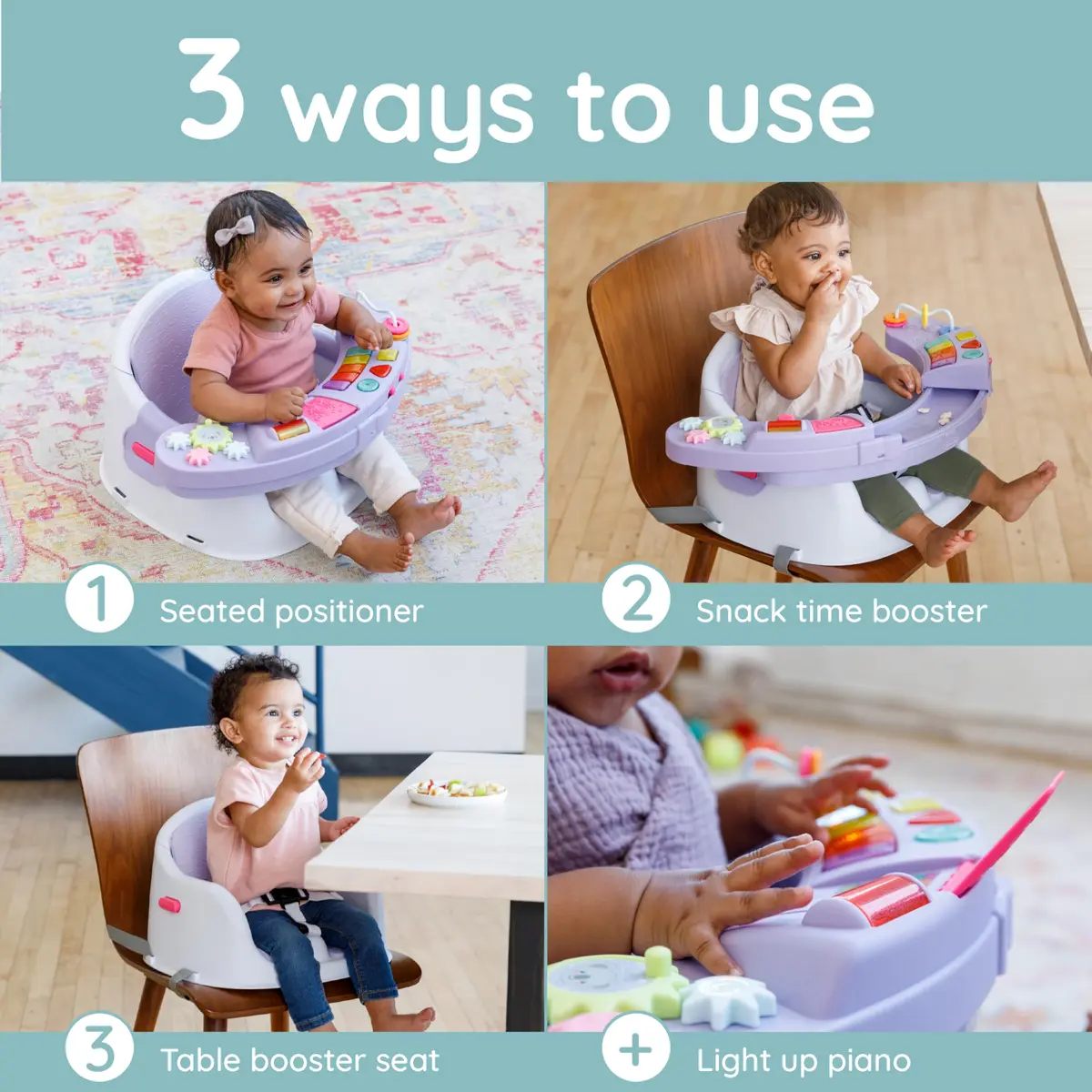 Infantino Music & Lights 3-in-1 Discovery Seat & Booster, Lavender | Converts from play to mealtime, supports 4 months to 4 years - view 2