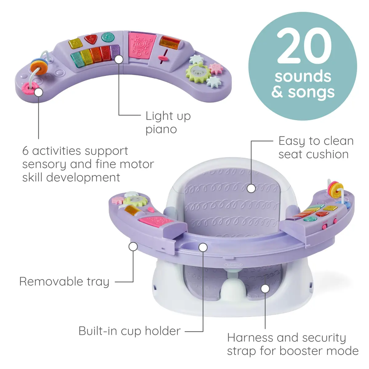 Infantino Music & Lights 3-in-1 Discovery Seat & Booster, Lavender | Converts from play to mealtime, supports 4 months to 4 years - view 3