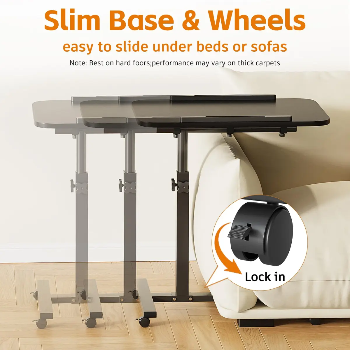 Furist Adjustable Overbed Table with Wheels | 92.7cm (36.5") Height, Tilting Surface - view 7