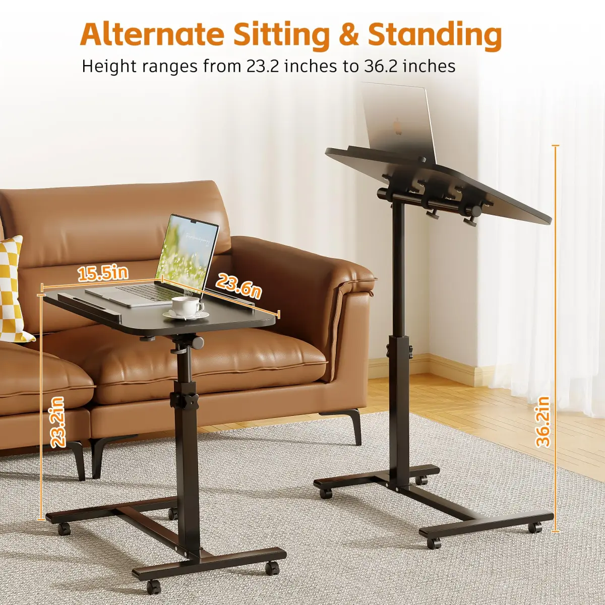 Furist Adjustable Overbed Table with Wheels | 92.7cm (36.5") Height, Tilting Surface - view 2