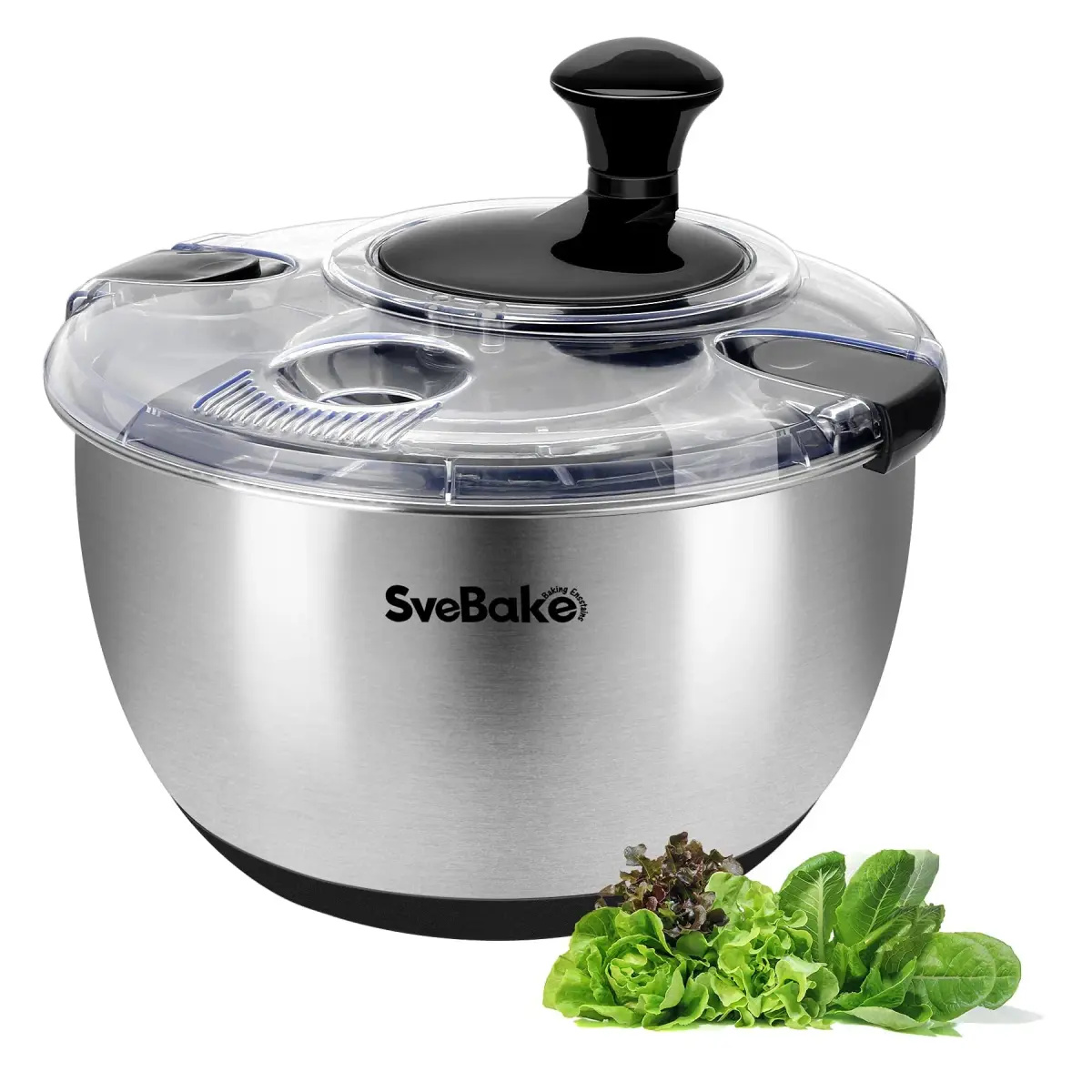 SveBake Stainless Steel Salad Spinner 4.8 Qt | Easy Clean Crank Design with Non-Slip Base - main product image