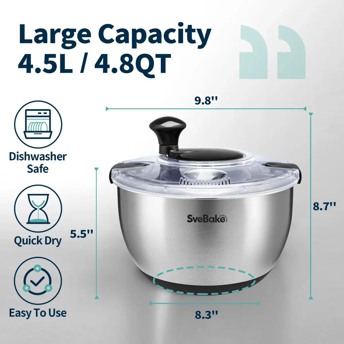 SveBake Stainless Steel Salad Spinner 4.8 Qt | Easy Clean Crank Design with Non-Slip Base - view 3