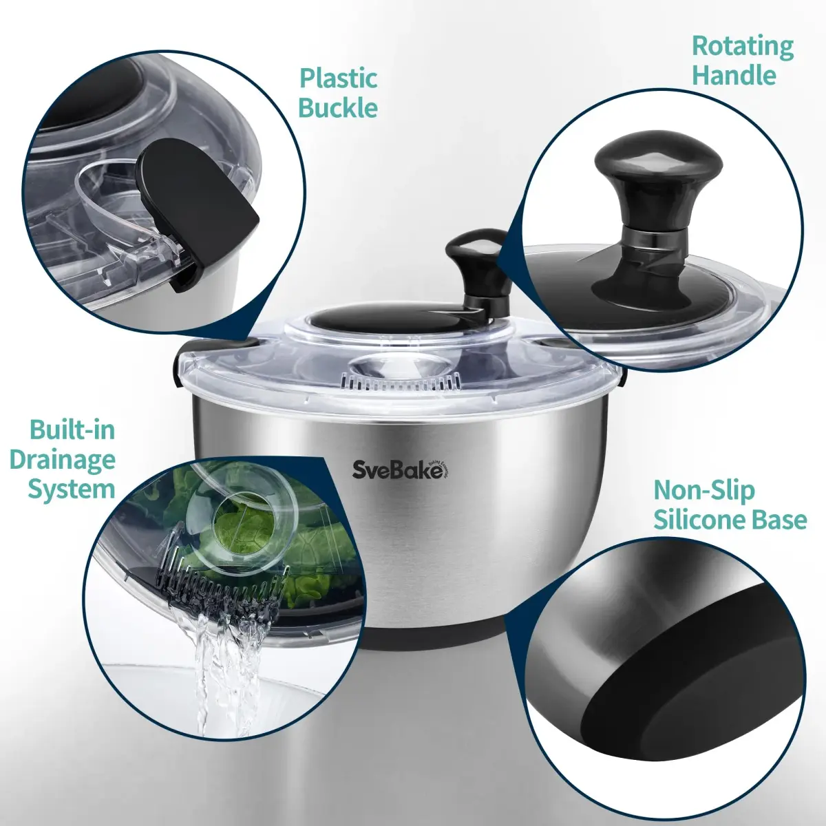 SveBake Stainless Steel Salad Spinner 4.8 Qt | Easy Clean Crank Design with Non-Slip Base - view 4