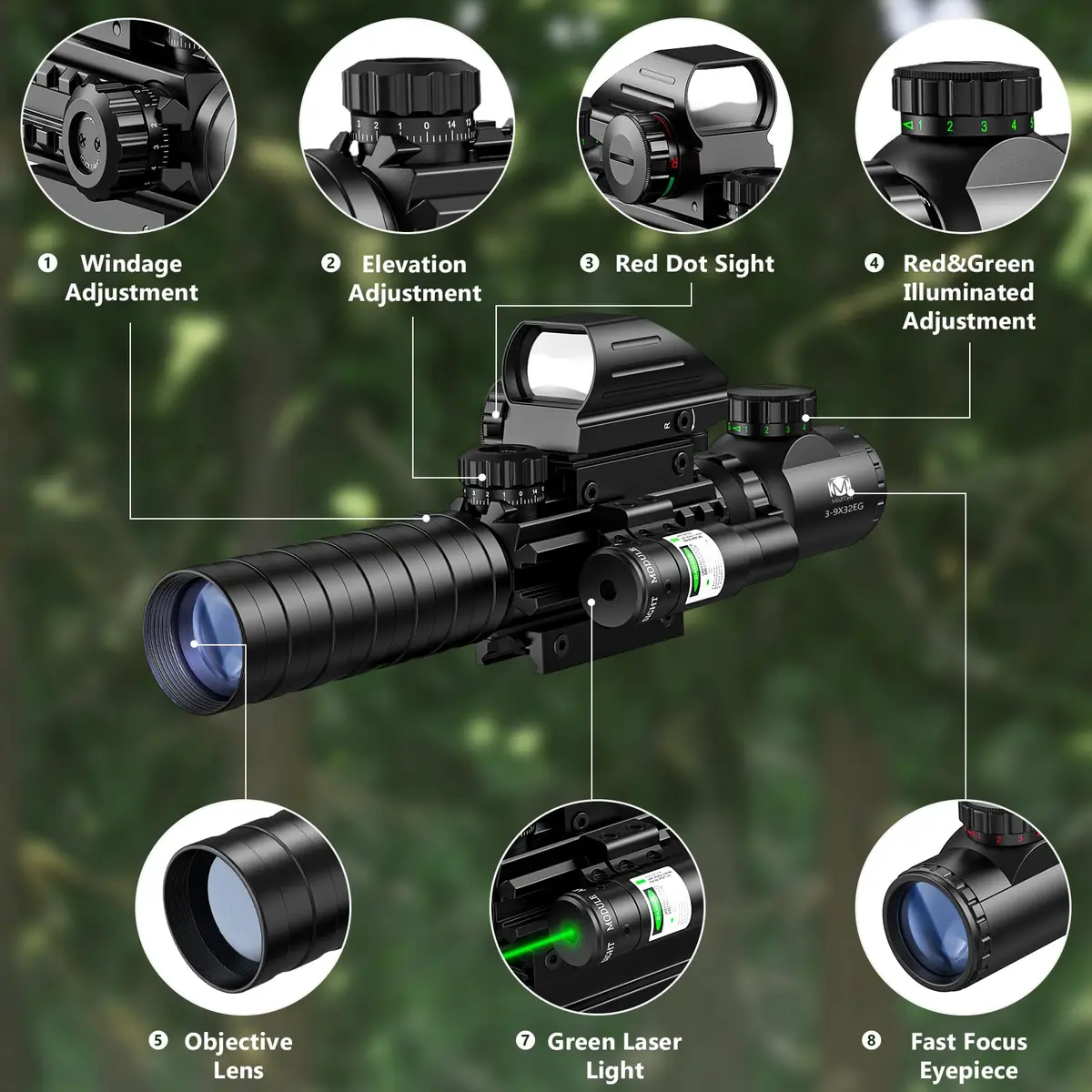 MidTen 3-9x32 4-in-1 Scope Combo with Dual Illuminated Scope Optics & 4 Holographic Reticle Rangefinder Illuminated Sight & 20mm Mount | Versatile Hunting & Shooting Scope - view 2