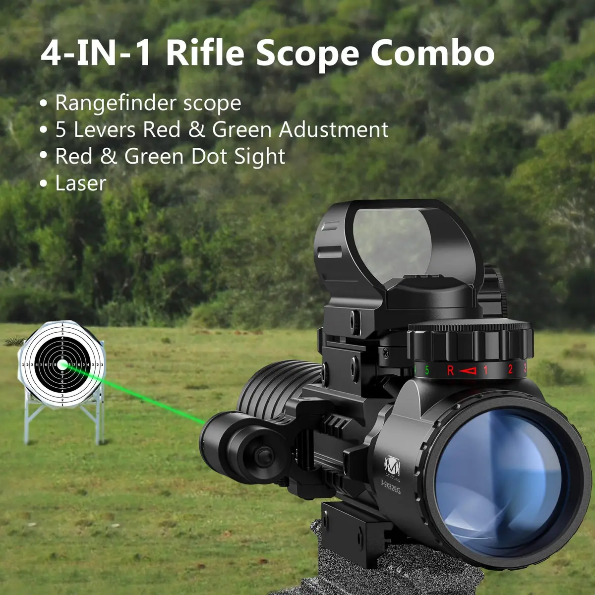 MidTen 3-9x32 4-in-1 Scope Combo with Dual Illuminated Scope Optics & 4 Holographic Reticle Rangefinder Illuminated Sight & 20mm Mount | Versatile Hunting & Shooting Scope - view 3