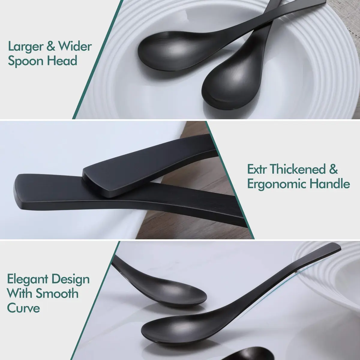 HIWARE Matte Black Heavy-Weight Soup Spoons, Stainless Steel, 17.5 cm (6.9 inches) - Set of 4 - view 2