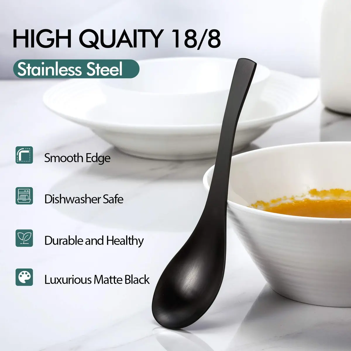HIWARE Matte Black Heavy-Weight Soup Spoons, Stainless Steel, 17.5 cm (6.9 inches) - Set of 4 - view 3