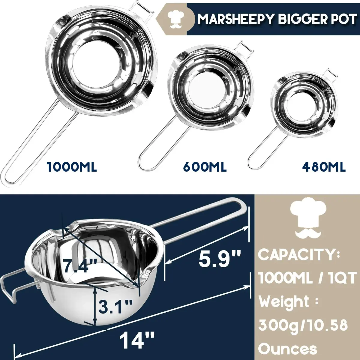 Marsheepy 1QT Double Boiler Melting Pot 1000ml (33.8 Fl Oz) | Stainless Steel Chocolate Wax Candy Melting Pot with Spatula - view 3