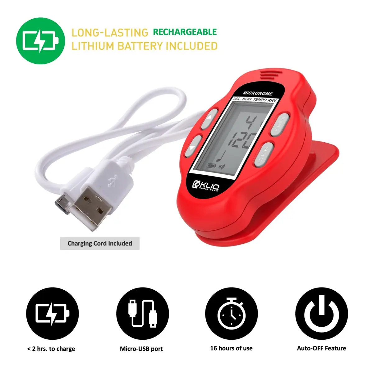 KLIQ MicroNome Mini Rechargeable Digital Metronome with Speaker Red | Adjustable Tempo & Rhythms - view 5