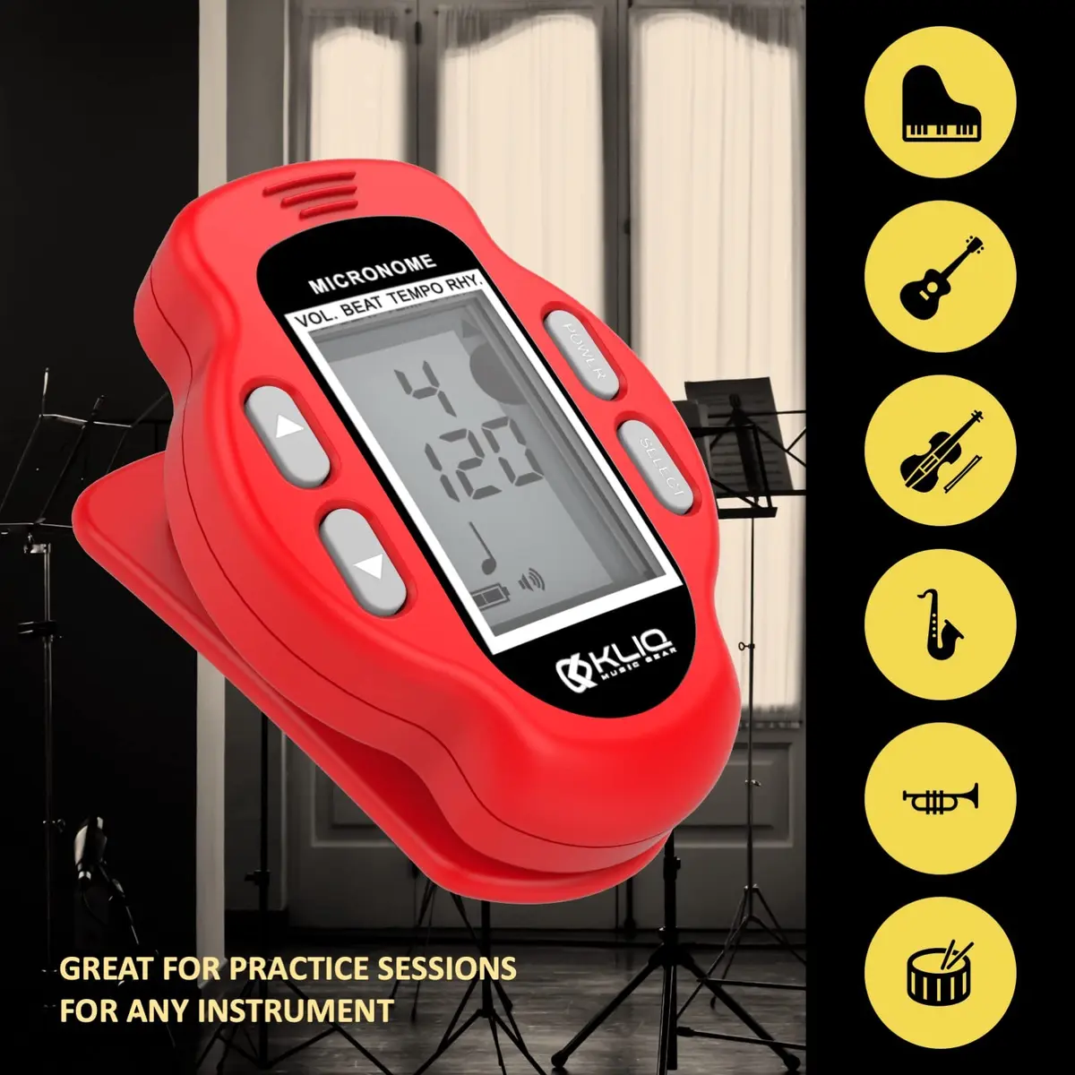 KLIQ MicroNome Mini Rechargeable Digital Metronome with Speaker Red | Adjustable Tempo & Rhythms - view 7