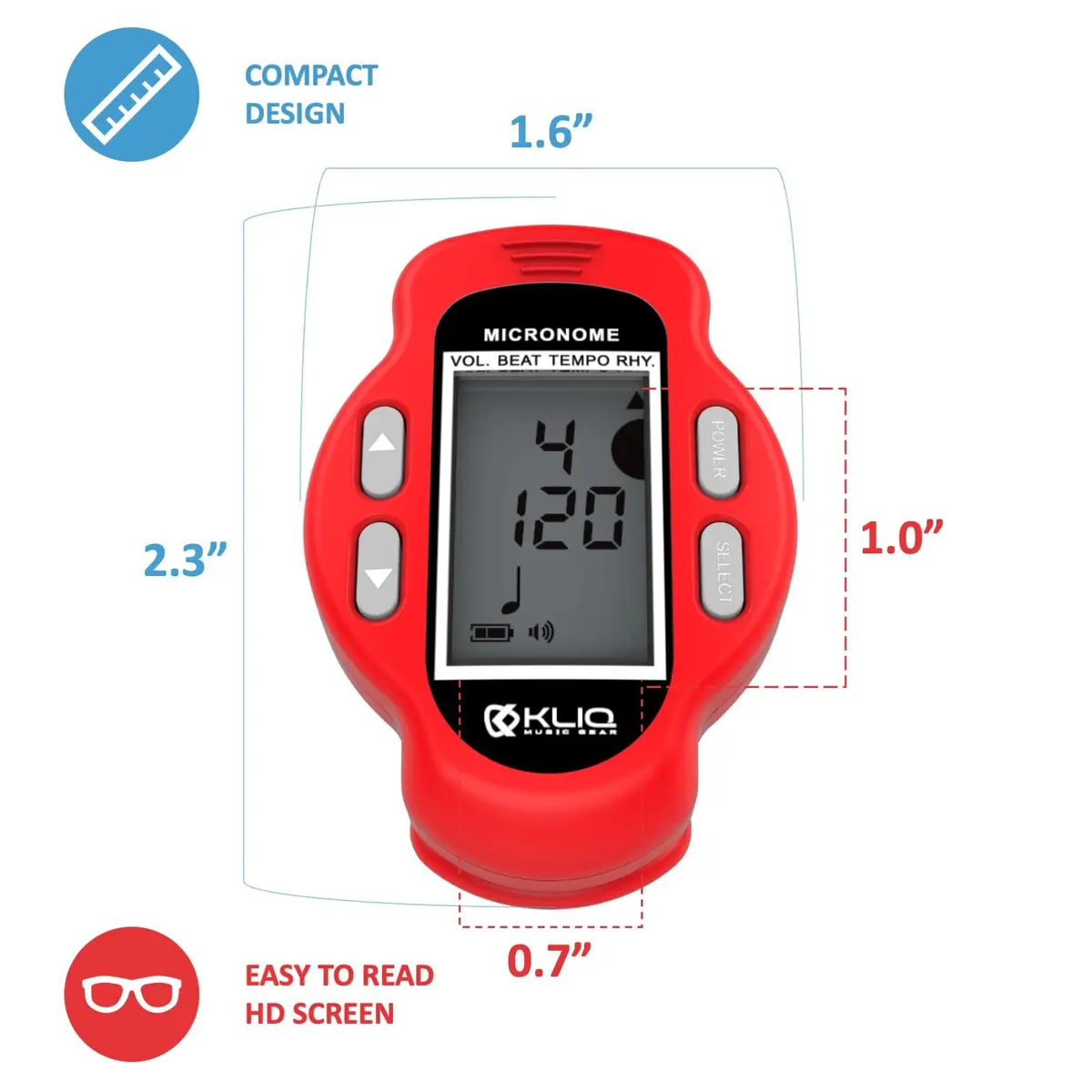 KLIQ MicroNome Mini Rechargeable Digital Metronome with Speaker Red | Adjustable Tempo & Rhythms - view 3