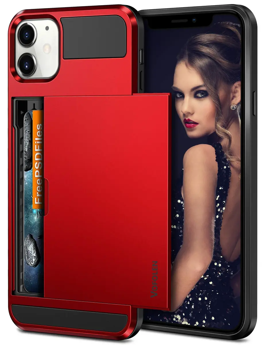 Vofolen Wallet Card Holder Case for iPhone 12 (6.1 inch) | Red Sliding Cover with Hidden Pocket - main product image