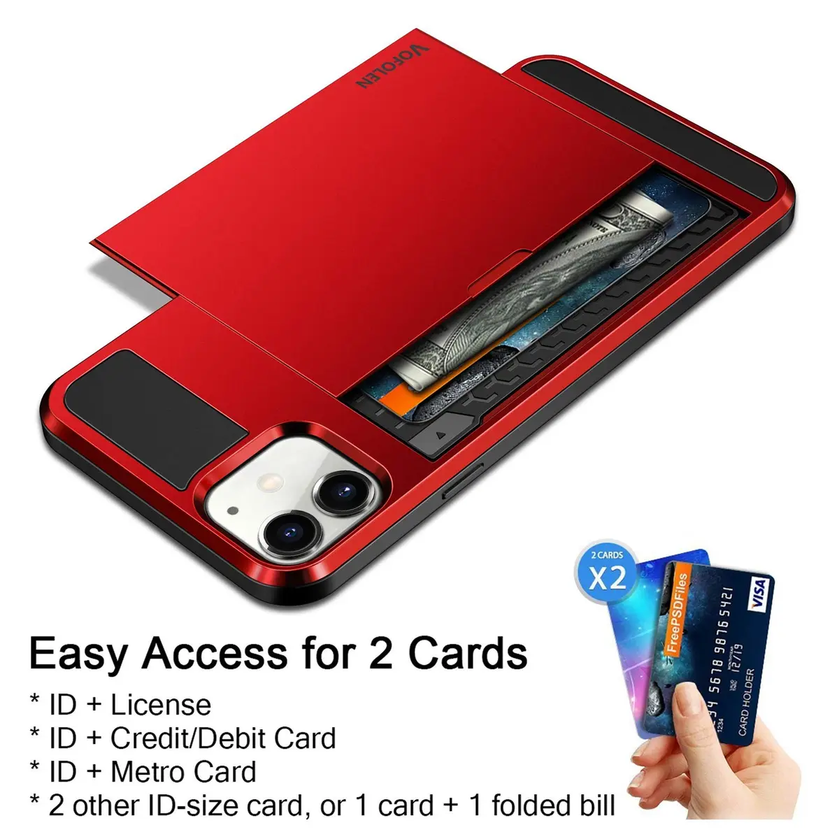 Vofolen Wallet Card Holder Case for iPhone 12 (6.1 inch) | Red Sliding Cover with Hidden Pocket - view 3