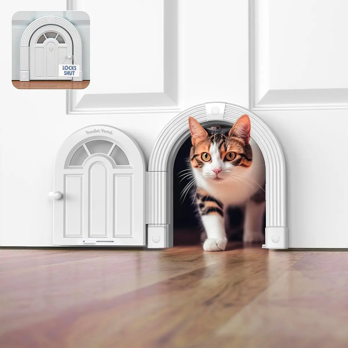 Purrfect Portal Meow Manor Cat Door Interior Door - Pure White, 8.25" (20.95 cm) High | No-Flap Design for Cats Up to 20 lbs (9.07 kg) - main product image