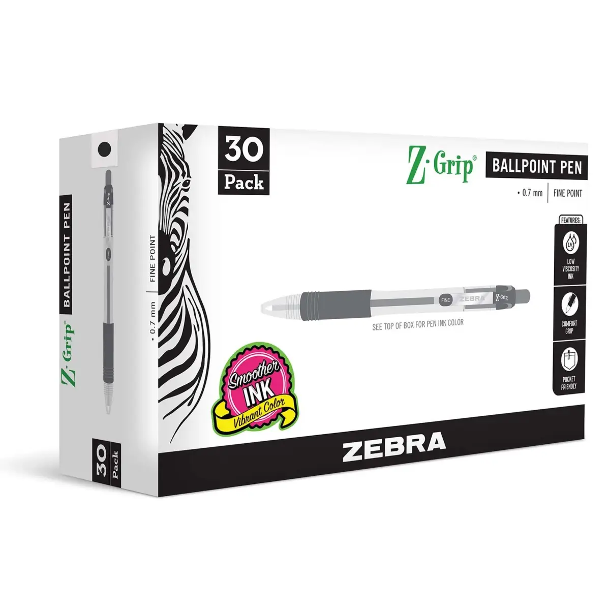 Zebra Pen Z-Grip Retractable Ballpoint Pens, Black Ink, 0.7mm Fine Point, 30-Pack | Smooth Writing for Students & Professionals - main product image