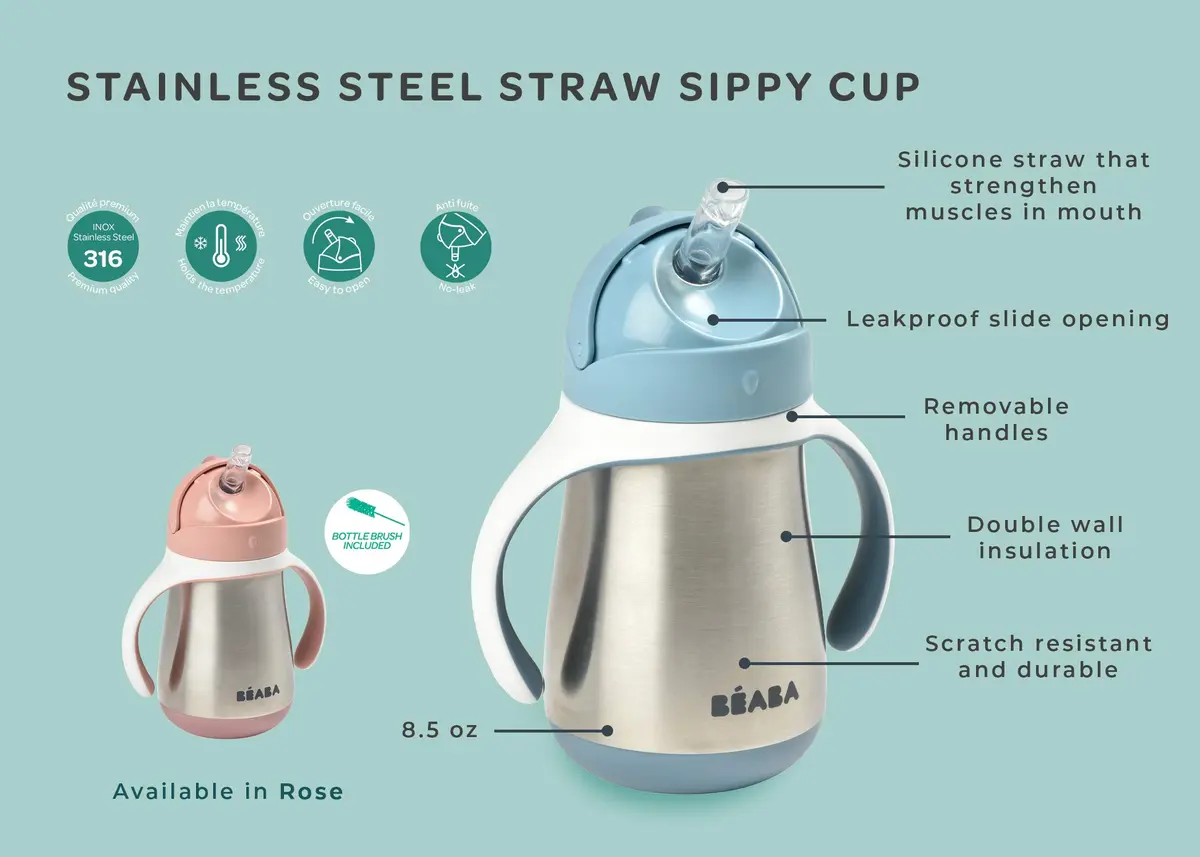 Béaba Stainless Steel Straw Sippy Cup, Insulated Toddler Cup 250ml (8.5 Fl Oz) | Spill-Proof for 8+ Months - view 9