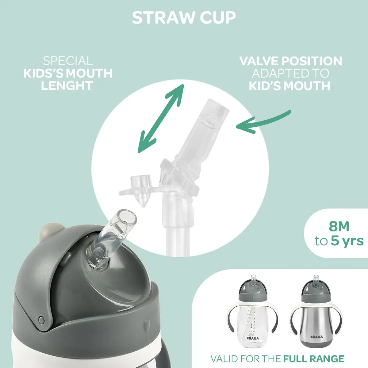 Béaba Stainless Steel Straw Sippy Cup, Insulated Toddler Cup 250ml (8.5 Fl Oz) | Spill-Proof for 8+ Months - view 4