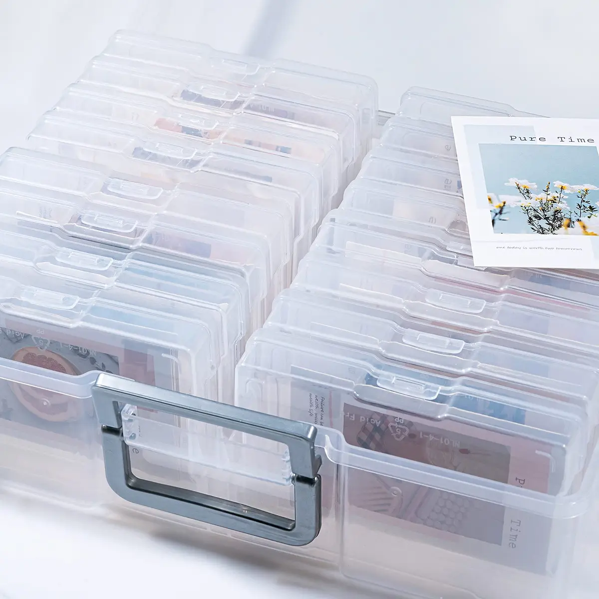 novelinks Photo Storage Box with 16 Inner Containers | Clear Silver Handle, 12" x 14.8" x 5.1" - view 7