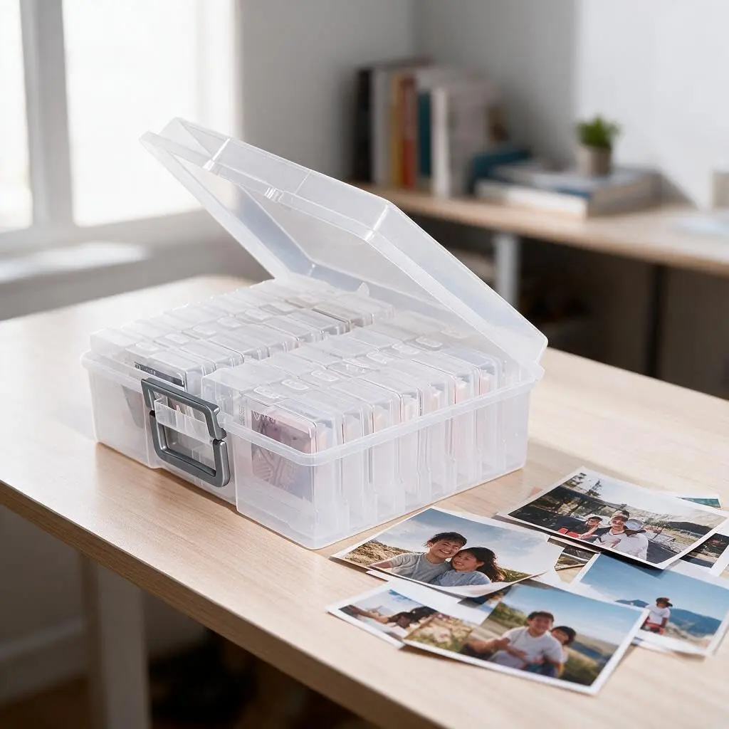 novelinks Photo Storage Box with 16 Inner Containers | Clear Silver Handle, 12" x 14.8" x 5.1" - view 2