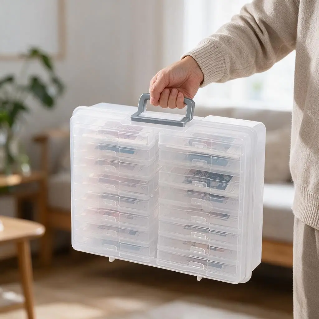 novelinks Photo Storage Box with 16 Inner Containers | Clear Silver Handle, 12" x 14.8" x 5.1" - view 3