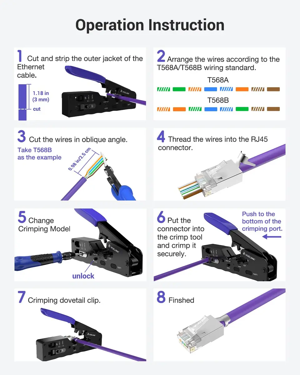 VCELINK All-In-One Ethernet Crimper Tool with Mini Stripper for Cat6/Cat5e RJ45 Connectors | 23-28AWG Cable - view 5