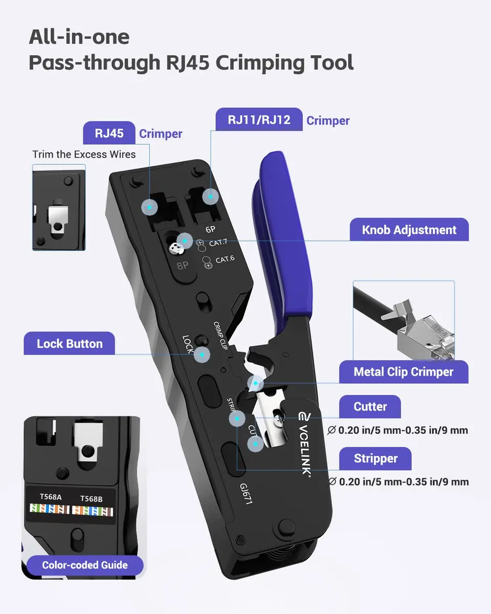 VCELINK All-In-One Ethernet Crimper Tool with Mini Stripper for Cat6/Cat5e RJ45 Connectors | 23-28AWG Cable - view 3