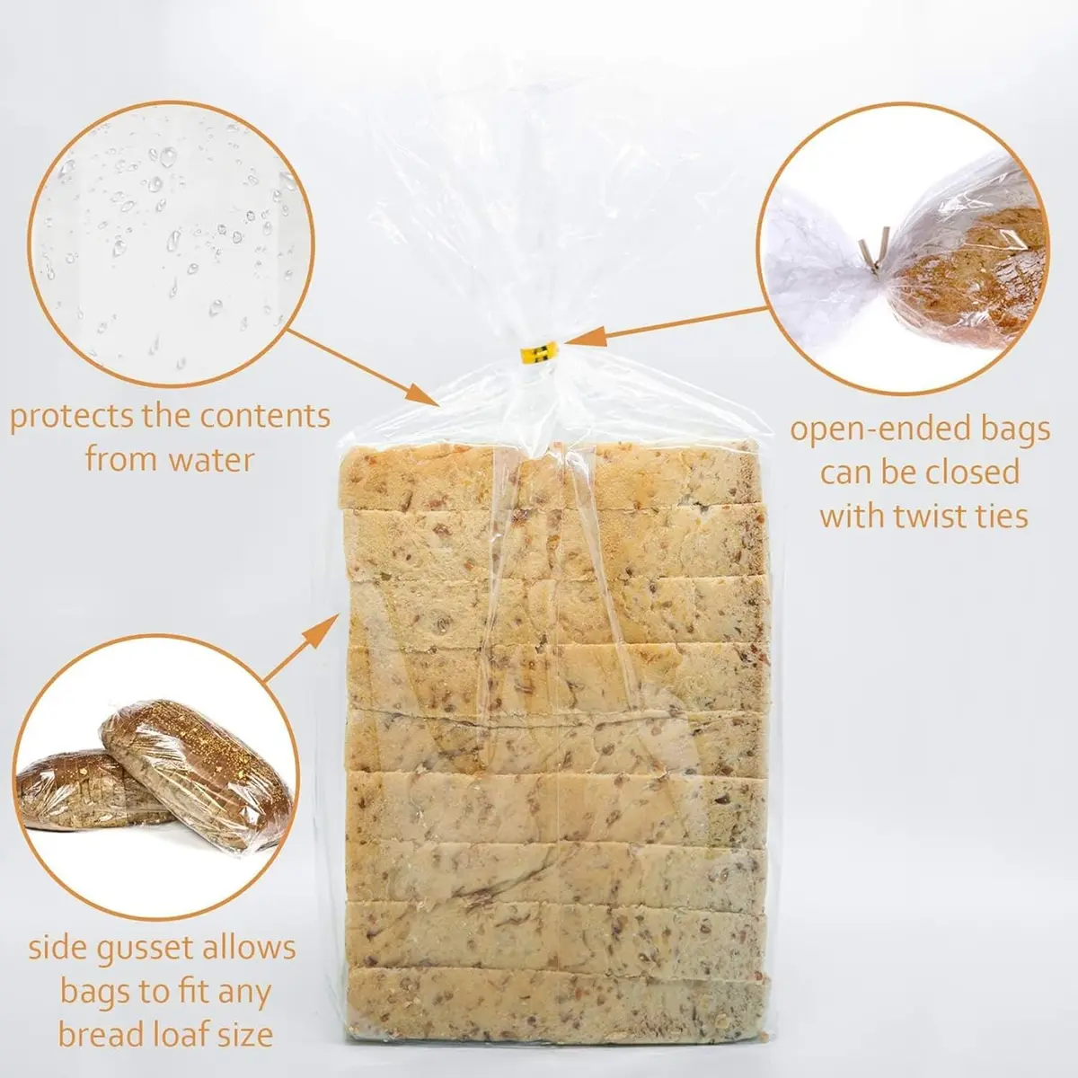 Morepack Plastic Bread Bags with Twist Ties 14x3x5 Inch (100 Pcs) | Gusseted for Large Loaves - view 5