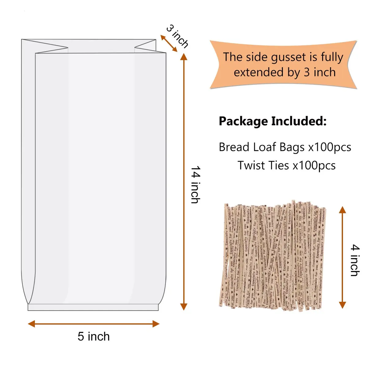 Morepack Plastic Bread Bags with Twist Ties 14x3x5 Inch (100 Pcs) | Gusseted for Large Loaves - view 2