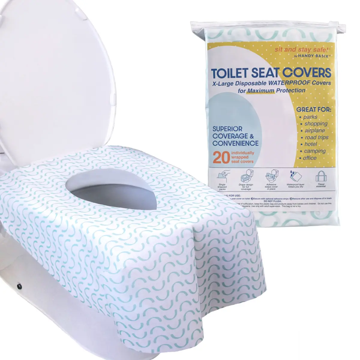 Handy Basix XL Full Coverage Disposable Toilet Seat Covers 20 Pcs (25.5" x 24.5") | Waterproof Potty Training Seat Shields - main product image