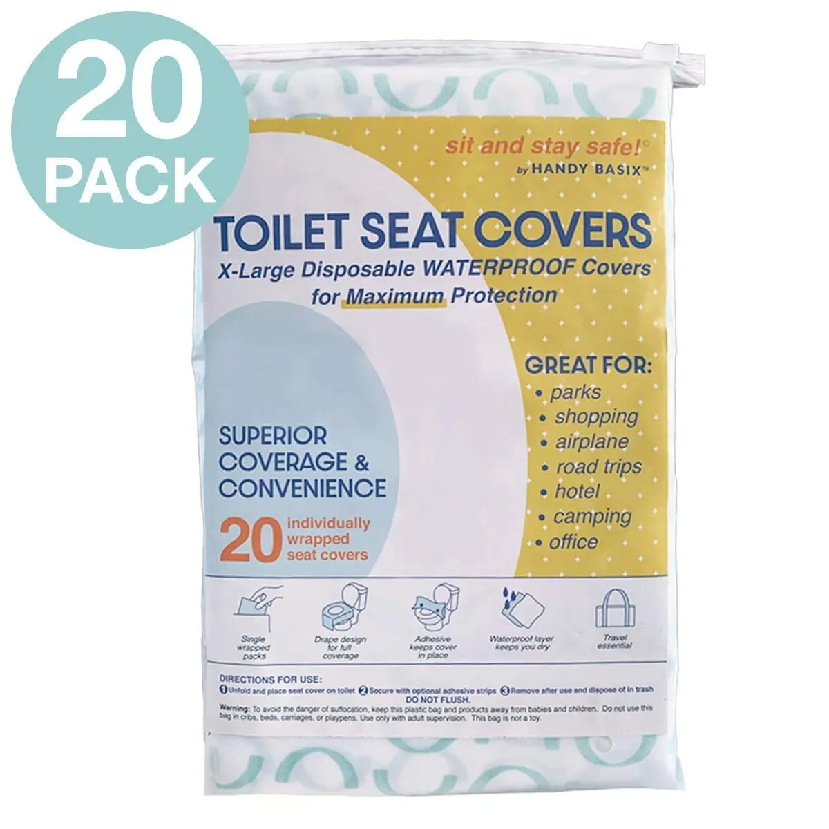 Handy Basix XL Full Coverage Disposable Toilet Seat Covers 20 Pcs (25.5" x 24.5") | Waterproof Potty Training Seat Shields - view 3
